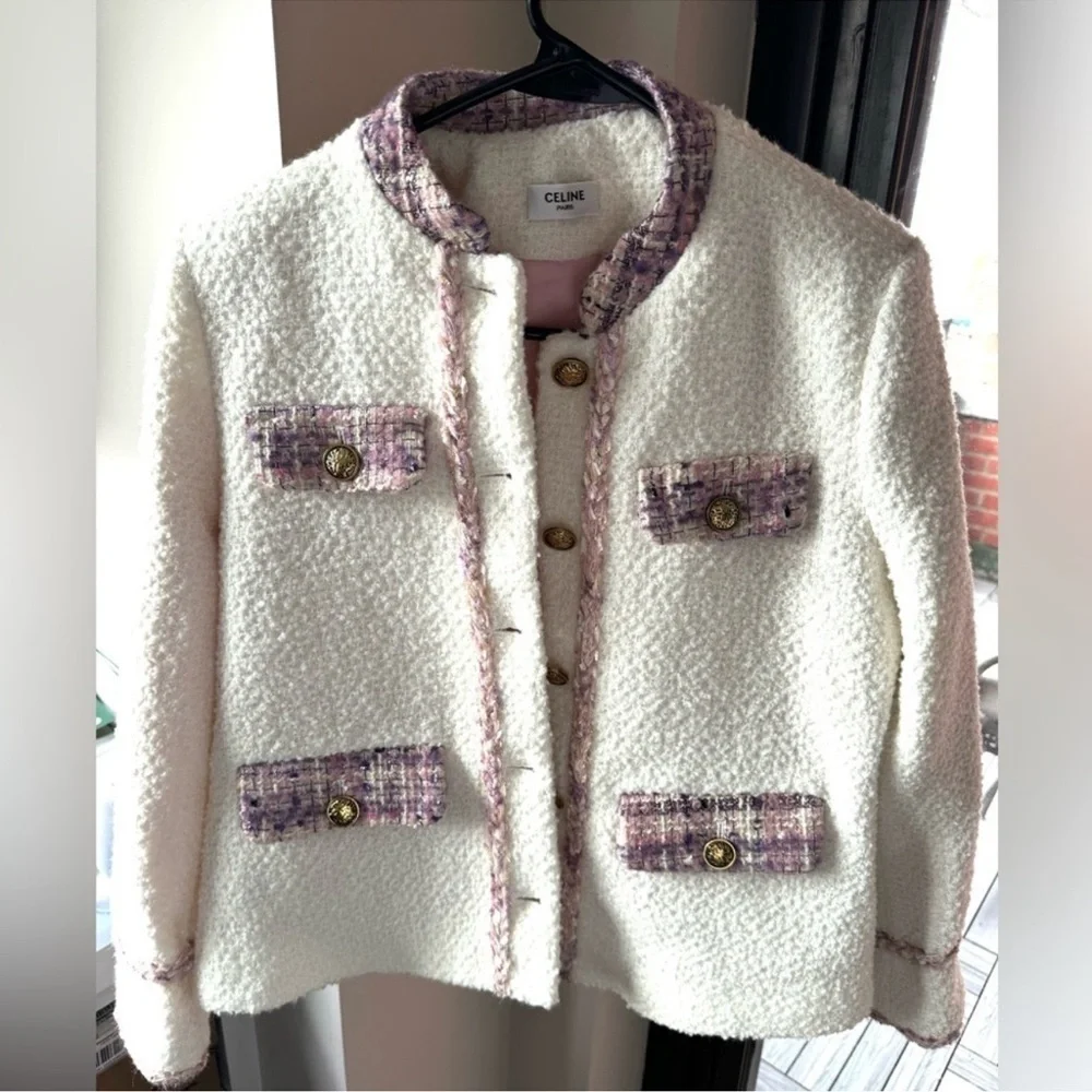 Celine White Tweed Jacket with Purple/Pink Accents - Picture 1 of 10